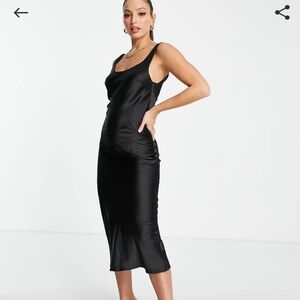 ASOS DESIGN Tall Scoop Neck Midi Satin Slip Dress in Black, 16 Tall
